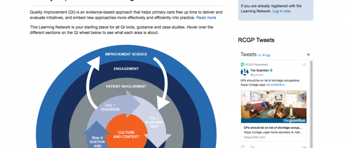 The homepage of the QIReady learning network with the interactive QI wheel